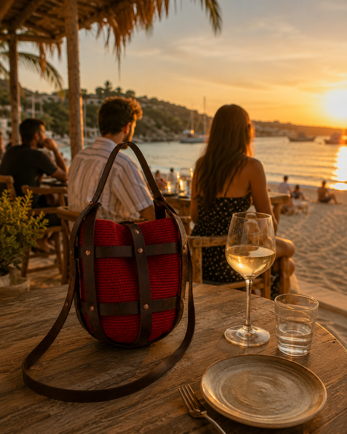 Red handcrafted crochet leather shoulder bag displayed on a beachfront restaurant table during a golden sunset by the sea.