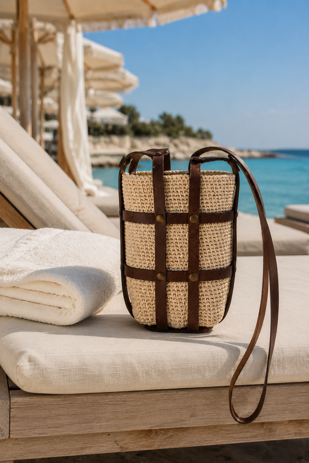 Cream crochet and brown leather crossbody bag displayed on a luxury beach lounger beside the sea.