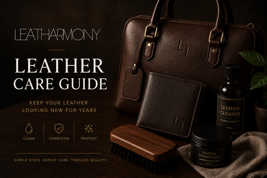 Leather care guide for cleaning, conditioning and protecting genuine leather bags and wallets.