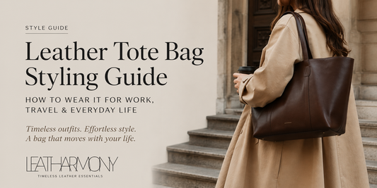 Woman carrying a brown leather tote bag for work, travel and everyday life – Leatharmony leather tote bag styling guide
