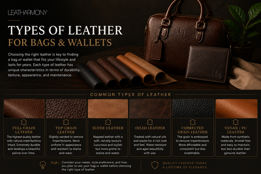 Types of leather for bags and wallets, including full grain, top grain, suede, oiled leather, corrected grain and pu leather.