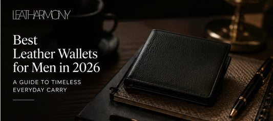 Black leather wallet styled on a desk for the Best Leather Wallets for Men in 2026 guide by Leatharmony