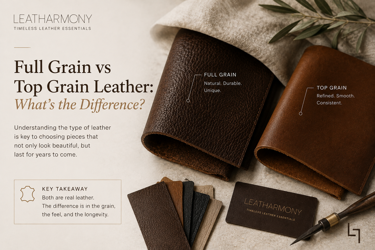Full grain vs top grain leather comparison showing differences in natural grain, texture and surface finish.