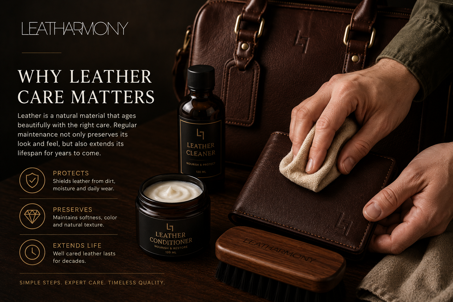 Leatharmony leather care set shown on a dark wooden surface with a person's hands using a cloth on a brown leather wallet. The set includes a leather cleaner bottle, a leather conditioner jar with cream, a leather brush, and a brown leather bag in the background.
