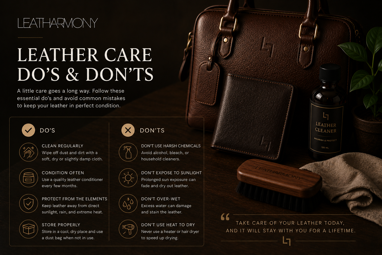 Leather care guide with a brown leather bag, brush, and cleaner on a dark background.