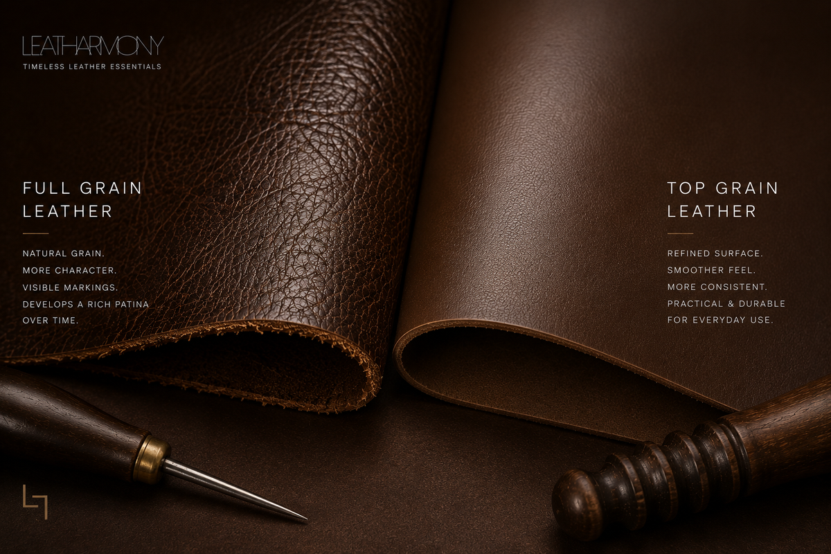 Full grain leather and top grain leather side by side, comparing the natural textured grain with a smoother, more consistent leather surface.