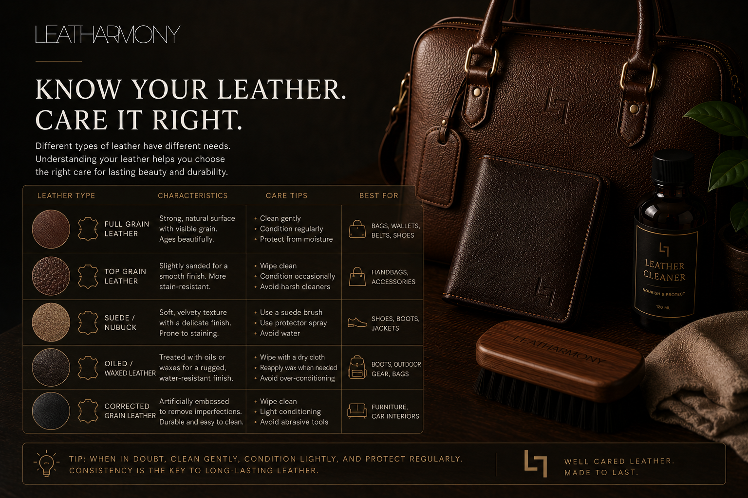 Leatharmony leather care and care guide featuring a brown leather briefcase, leather brush, leather cloth, and a bottle of leather cleaner on a dark background with informational text and leather type swatches.