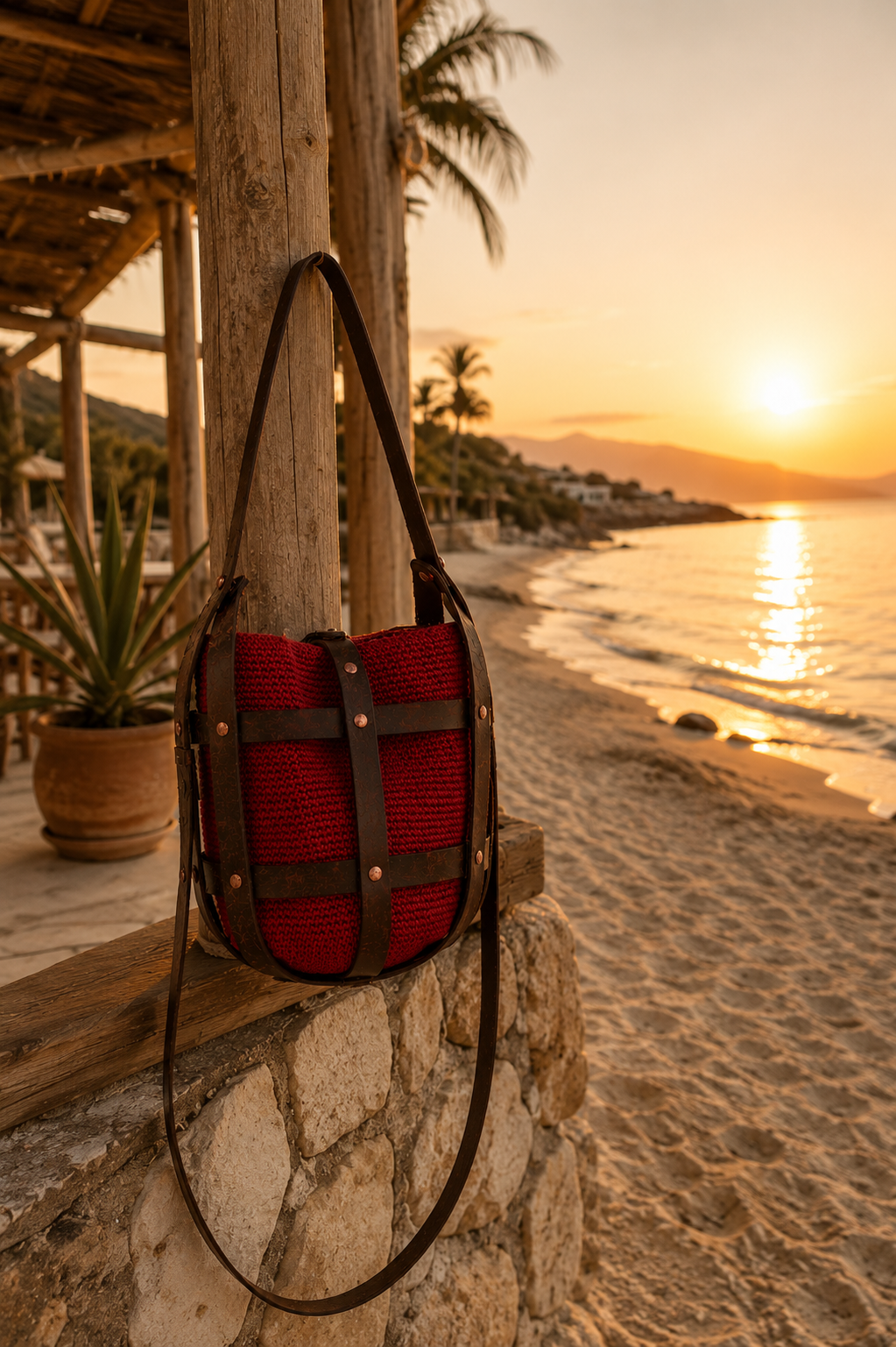 A red crochet bucket-style crossbody bag with printed black leather framework and strap, hanging on a wooden post at a beachside resort during sunset.