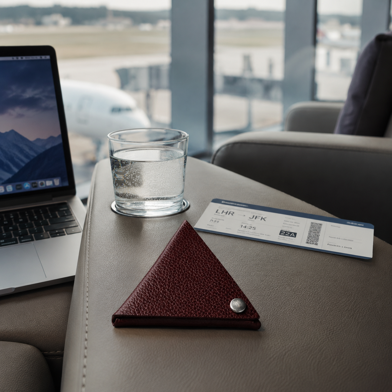 Auburn leather coin pouch displayed in an airport lounge beside a boarding pass and laptop.