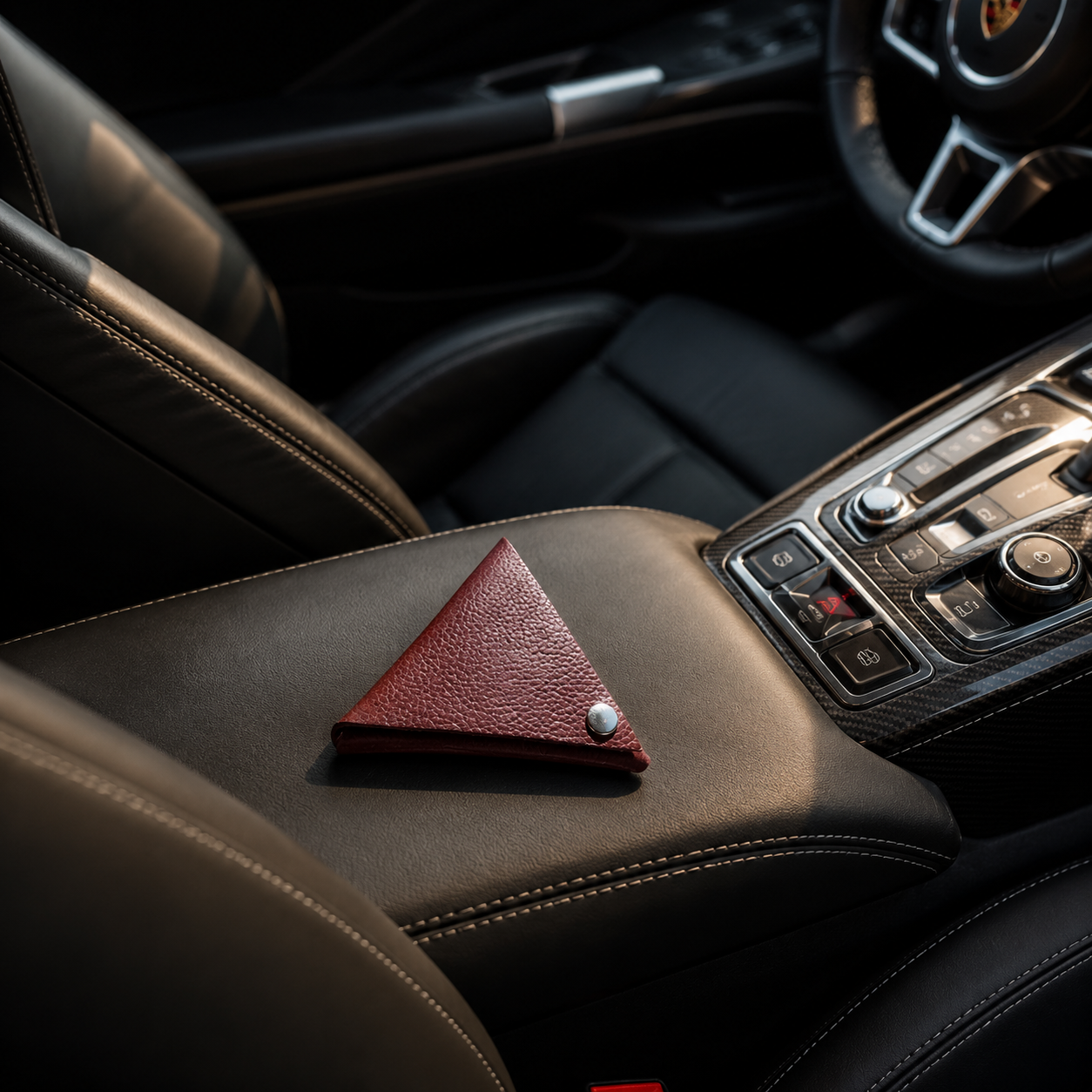 Auburn leather coin pouch placed on the center console of a luxury sports car interior.
