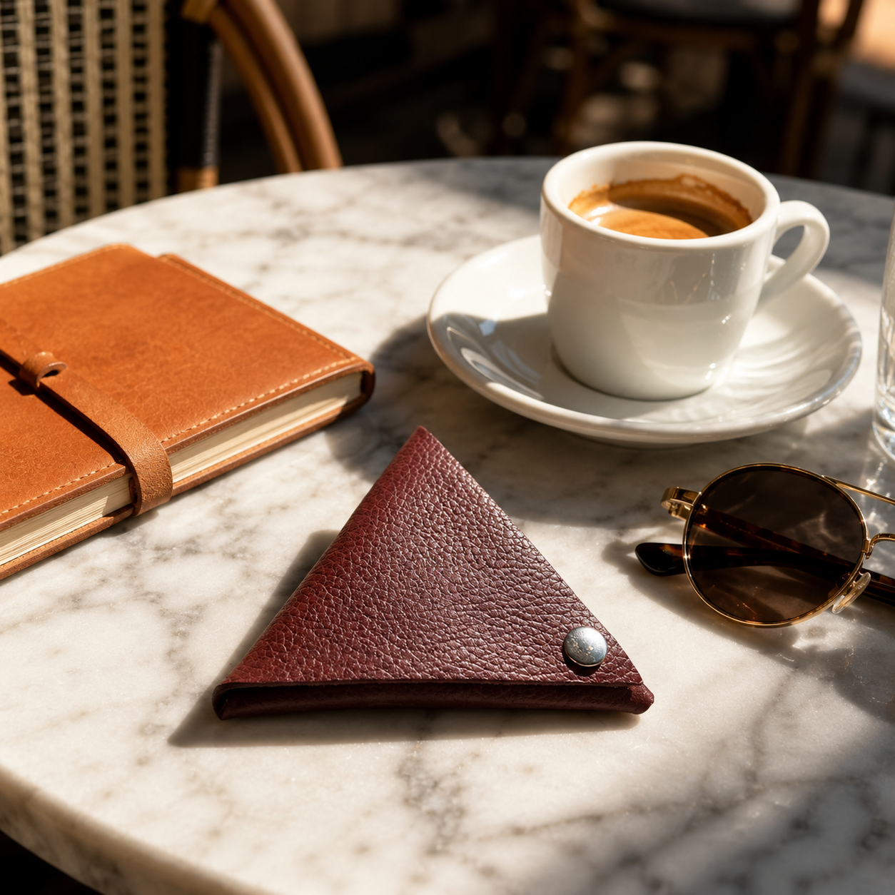 Handmade auburn genuine leather coin pouch styled on a marble café table with coffee and sunglasses.