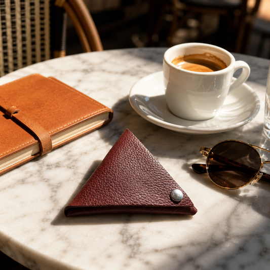 Handmade auburn genuine leather coin pouch styled on a marble café table with coffee and sunglasses.