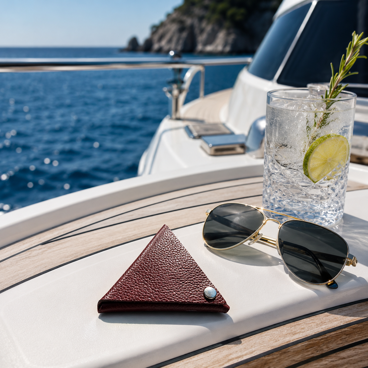 Auburn genuine leather coin pouch styled aboard a luxury yacht with sunglasses and a refreshing drink.