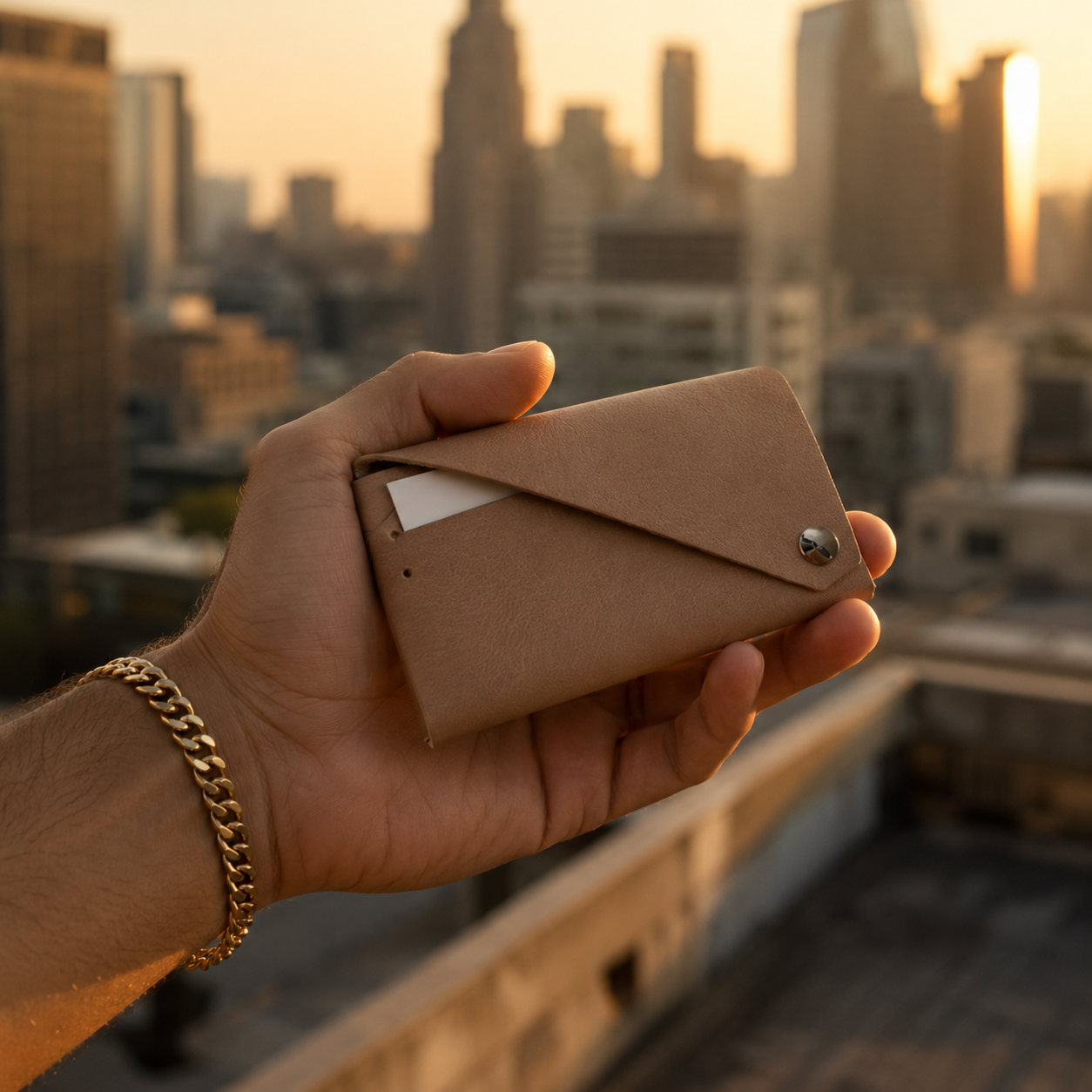 Beige leather envelope card holder held in hand against a city skyline at sunset