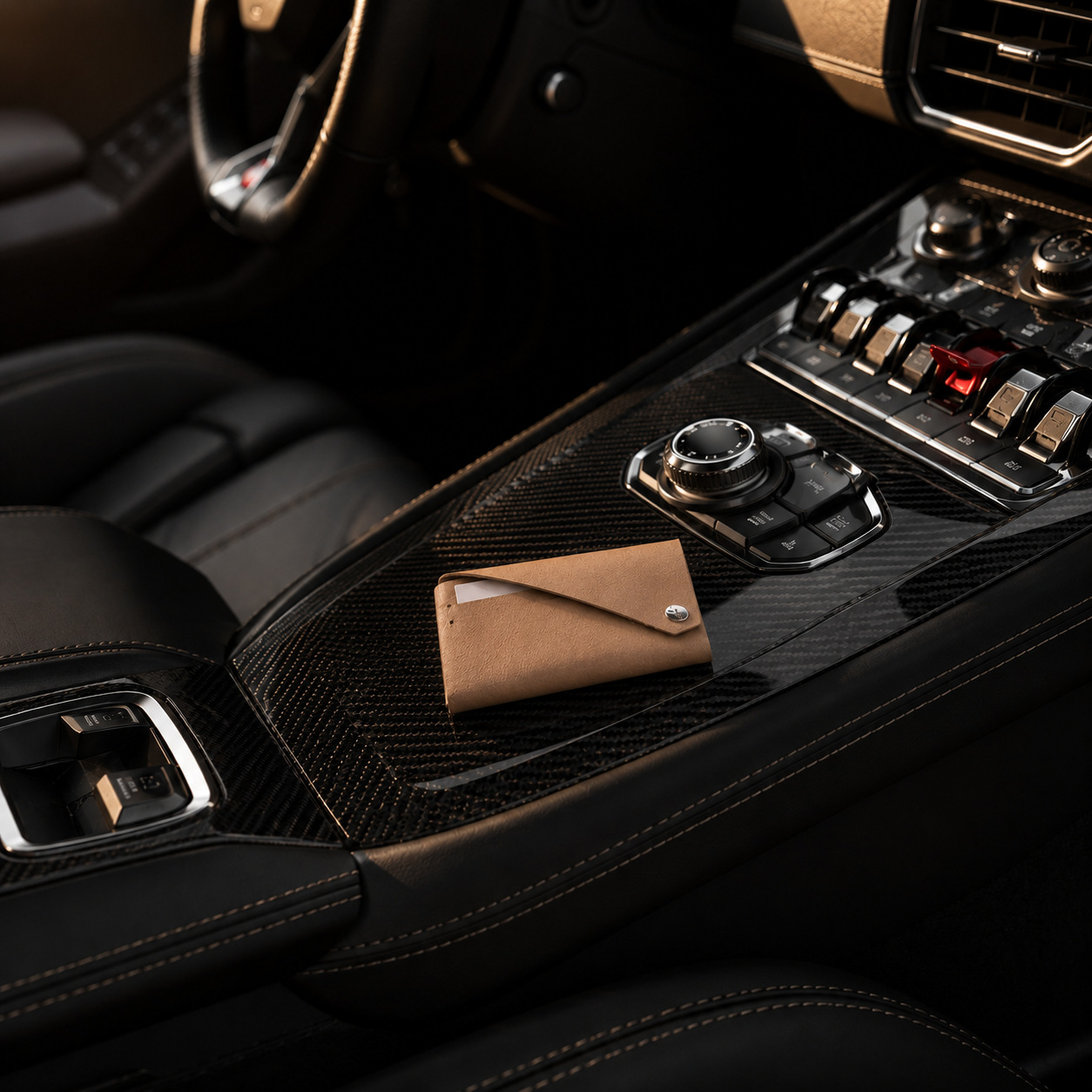 Beige leather envelope card holder displayed on the centre console of a luxury car