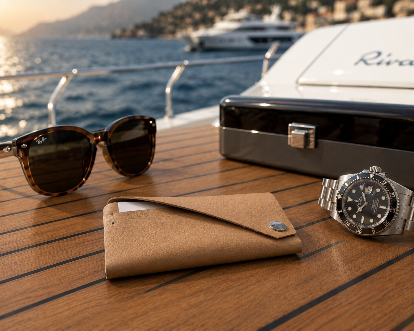 Beige genuine leather card holder styled on a luxury yacht table with sunglasses and a wristwatch