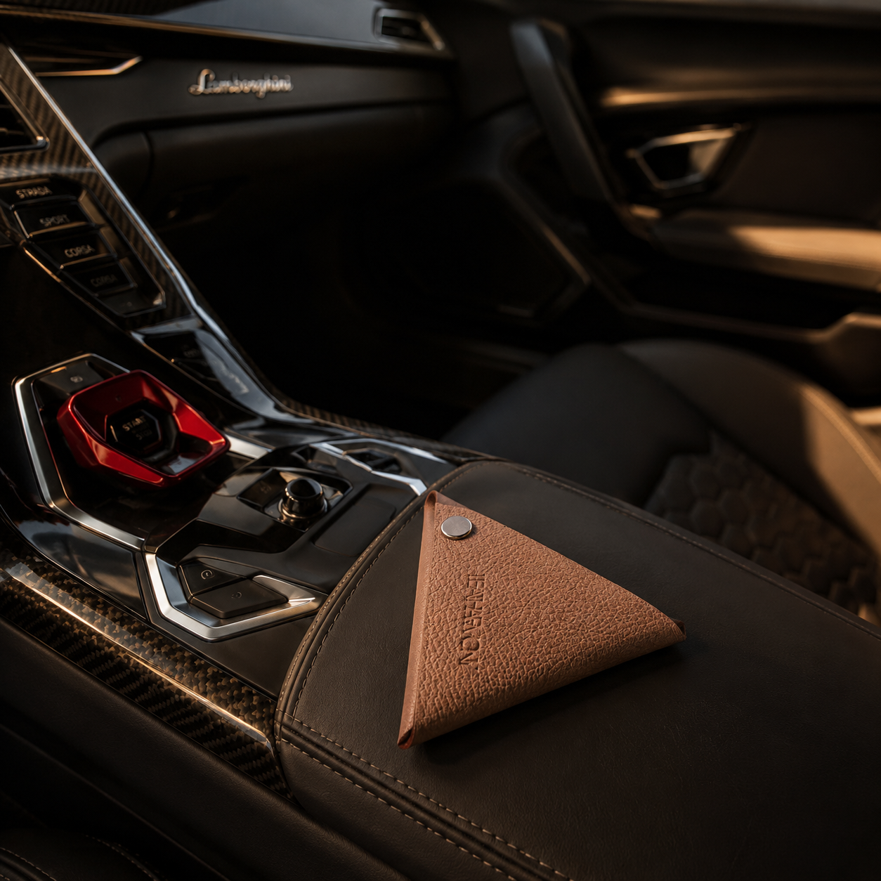 Beige leather coin pouch placed on the center console of a luxury sports car