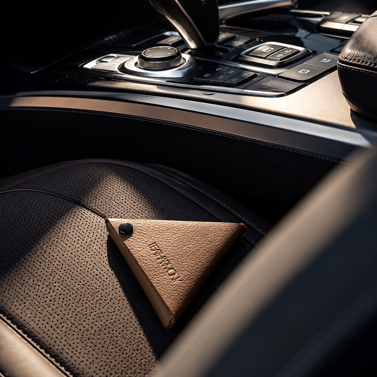 Beige leather coin pouch resting on a luxury car seat with embossed Leatharmony logo
