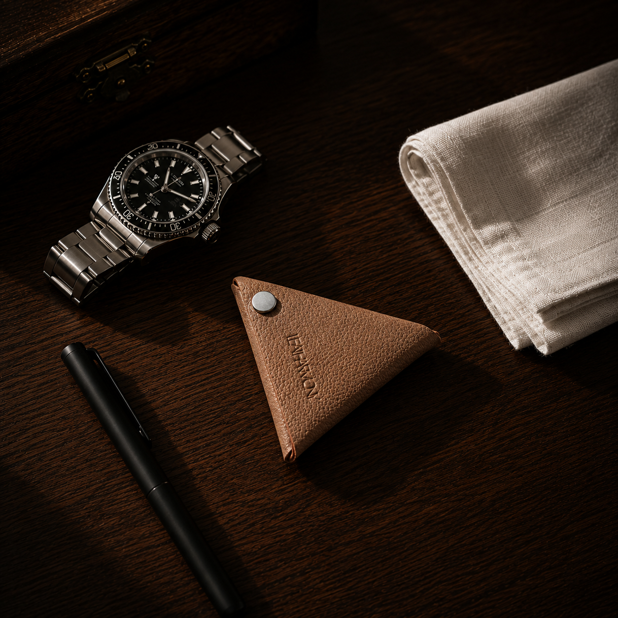Beige leather coin pouch on a wooden desk with a watch, pen and folded linen cloth
