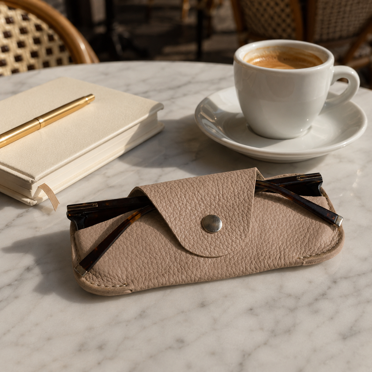 Handmade beige leather sunglasses case displayed on a marble coffee table beside espresso and a notebook.