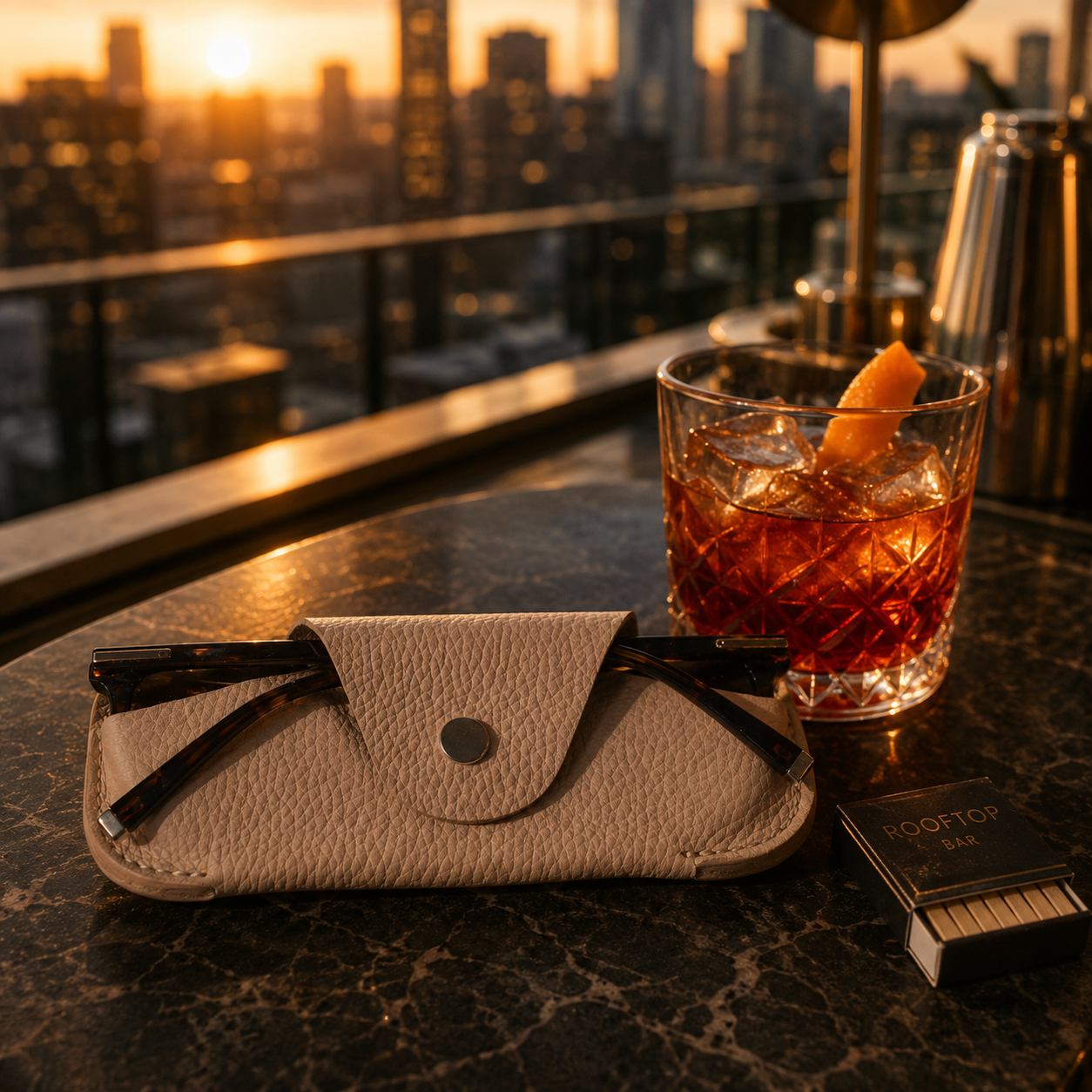 Handmade beige leather sunglasses case displayed on a rooftop bar table at sunset beside a cocktail.