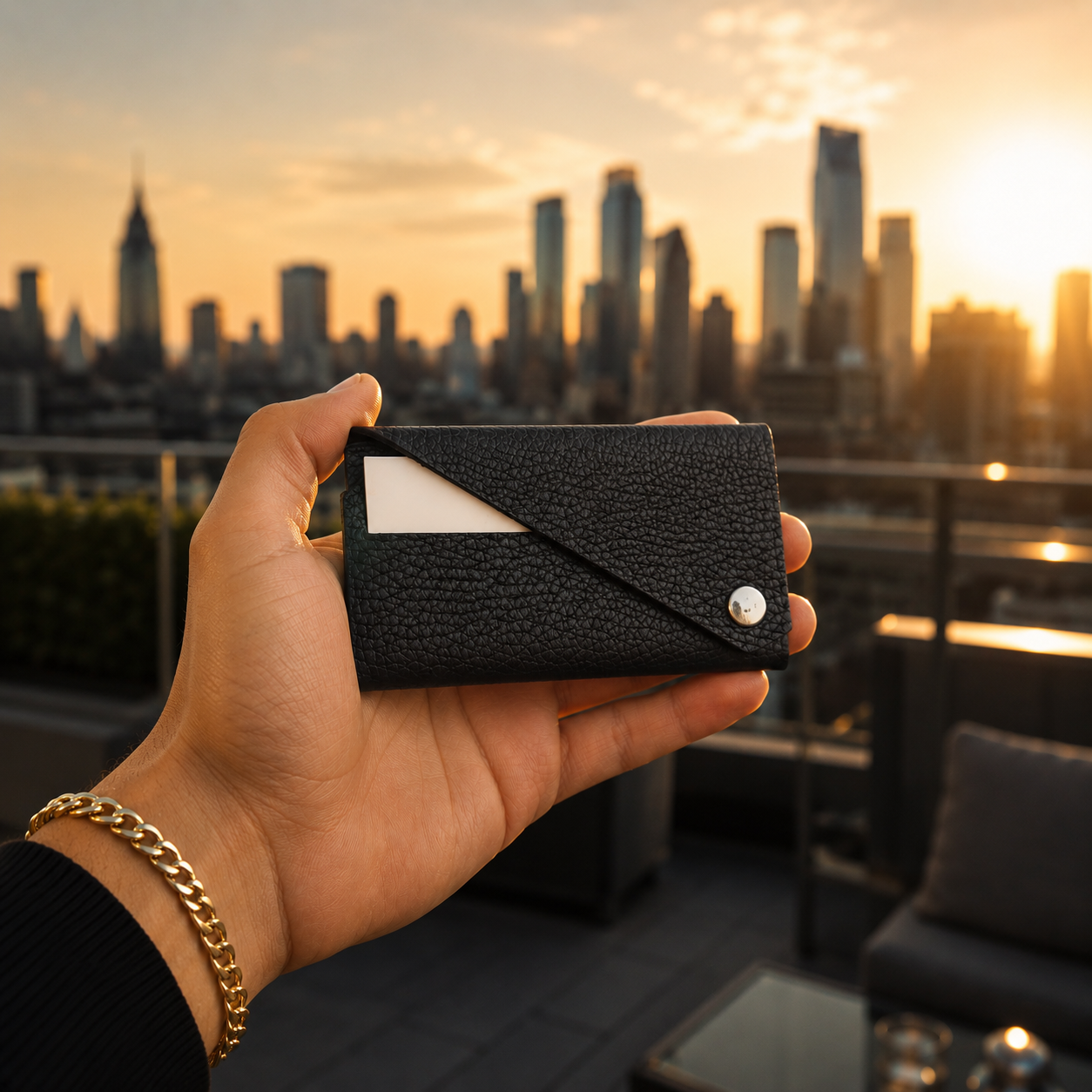 Black leather card holder held in hand against a city skyline at sunset.