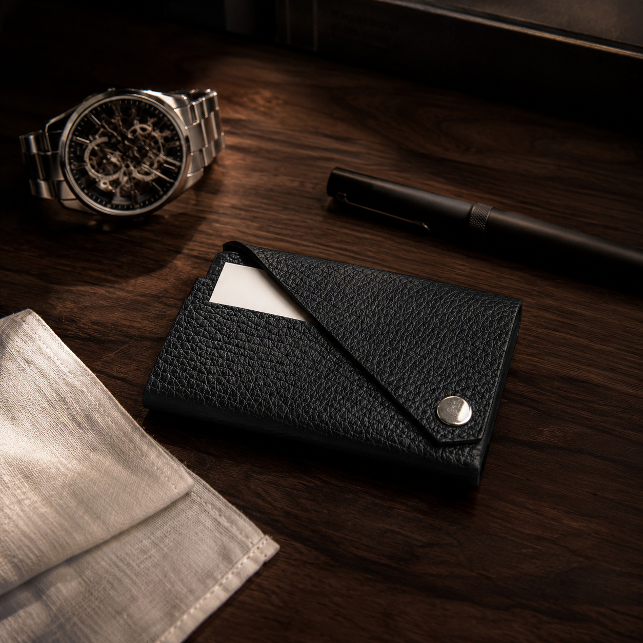 Black leather card holder styled on a dark wooden desk with a watch and pen.