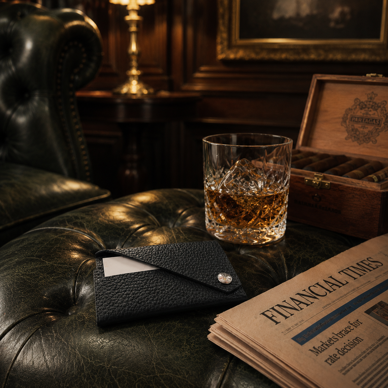 Black leather card holder styled on a leather chair with a whisky glass and newspaper.