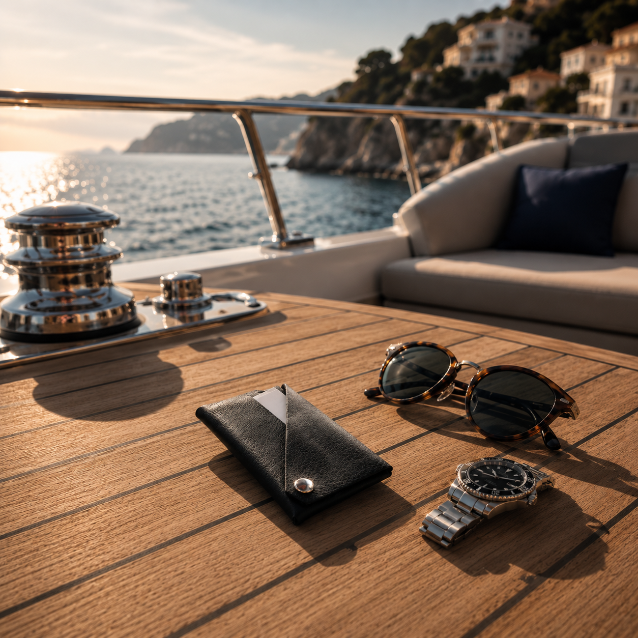 Black genuine leather card holder styled on a luxury yacht table with sunglasses and a wristwatch