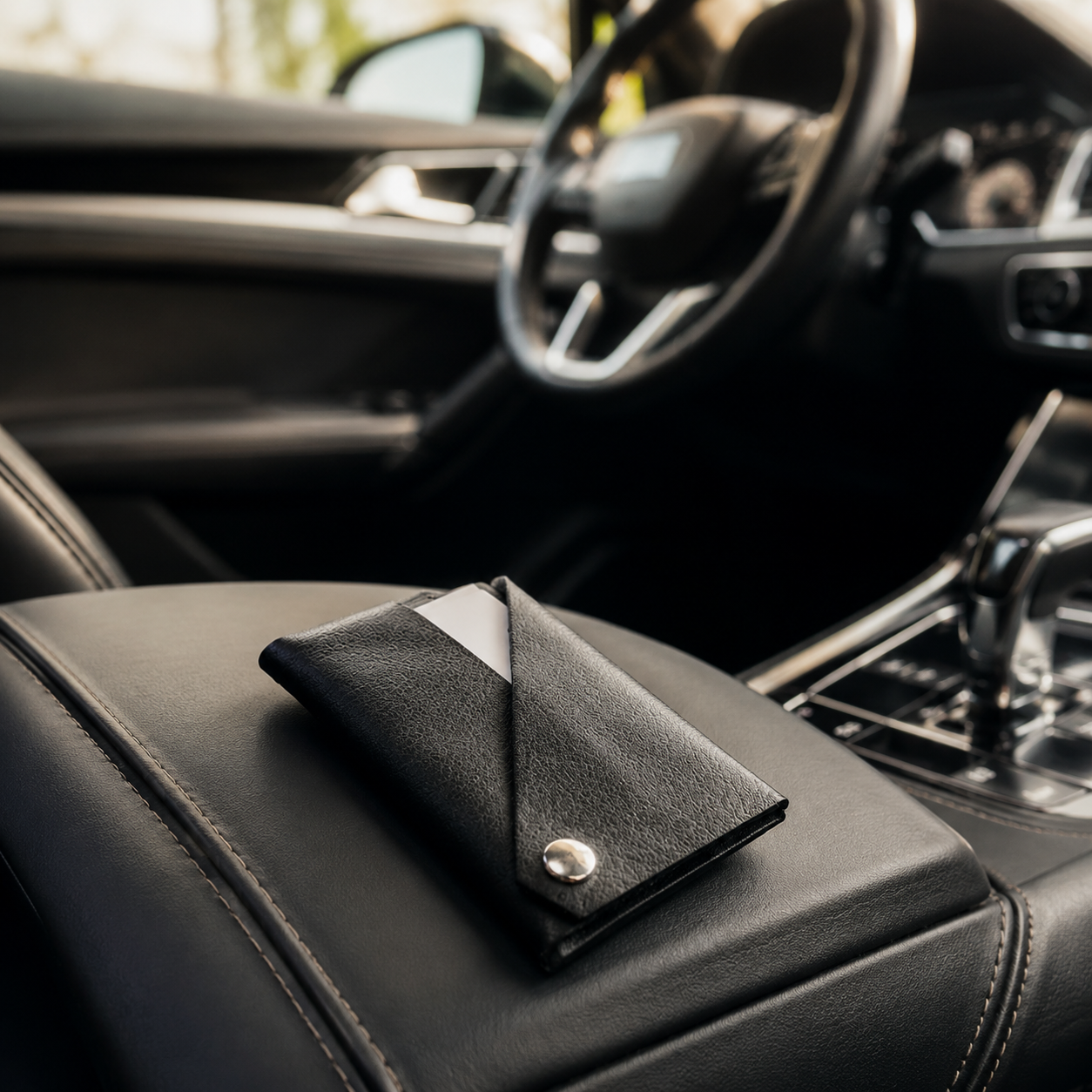 Black genuine leather envelope card holder displayed on a luxury car centre console