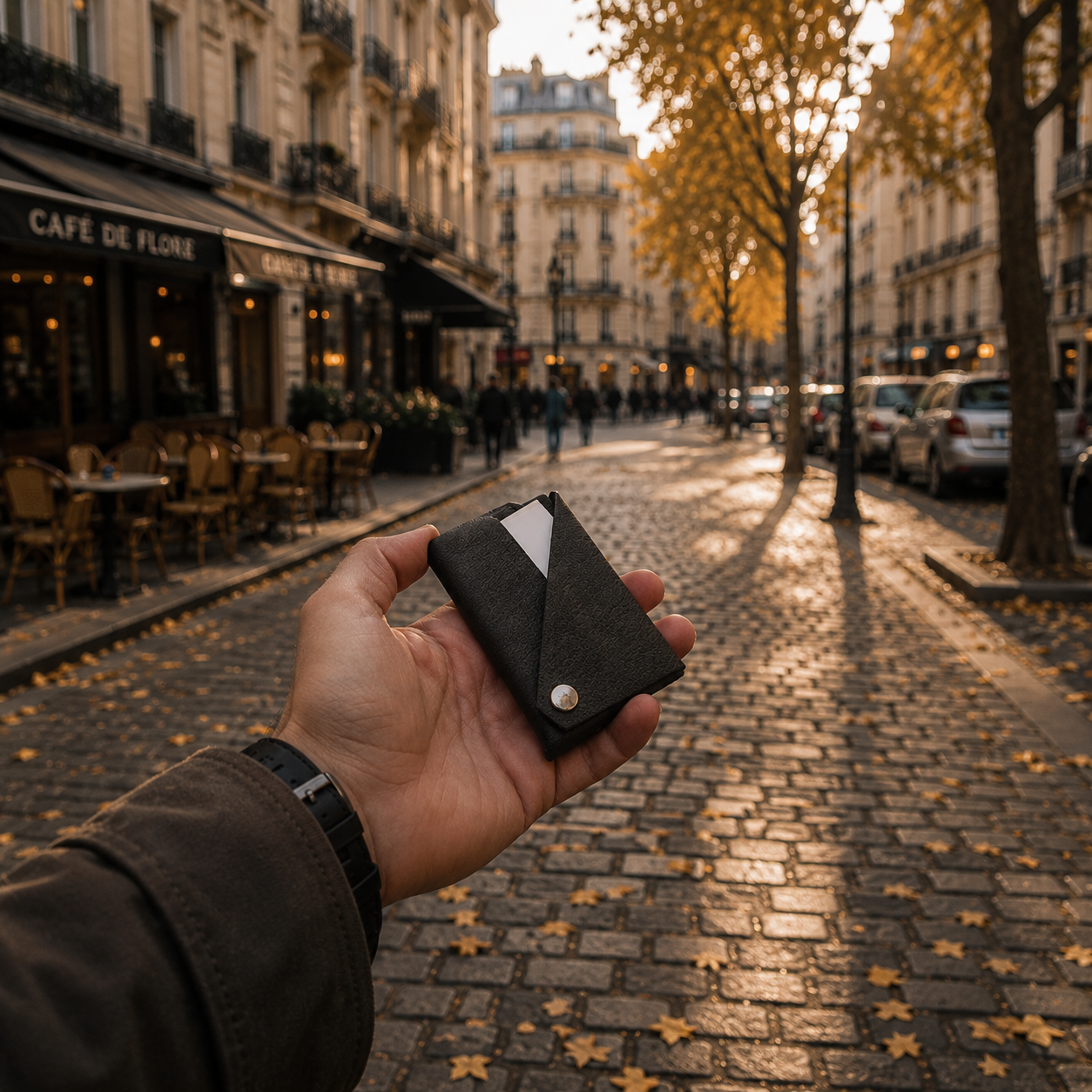Black leather envelope card holder held in hand on a European city street during autumn