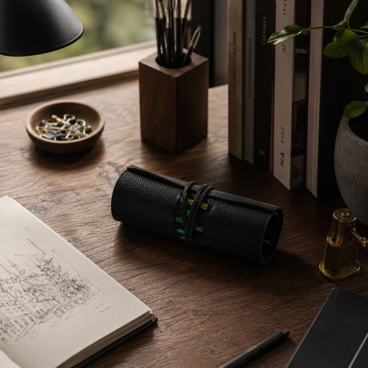 Handmade black genuine leather pencil case displayed on a wooden home office desk with books and stationery.