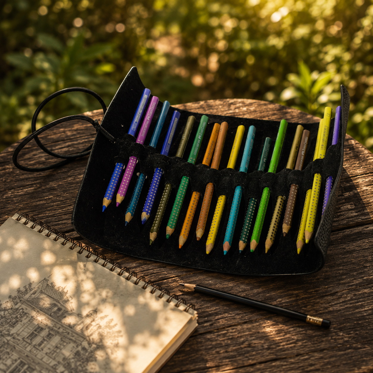 Open handmade black leather pencil case with coloured pencils arranged for sketching on a wooden table.