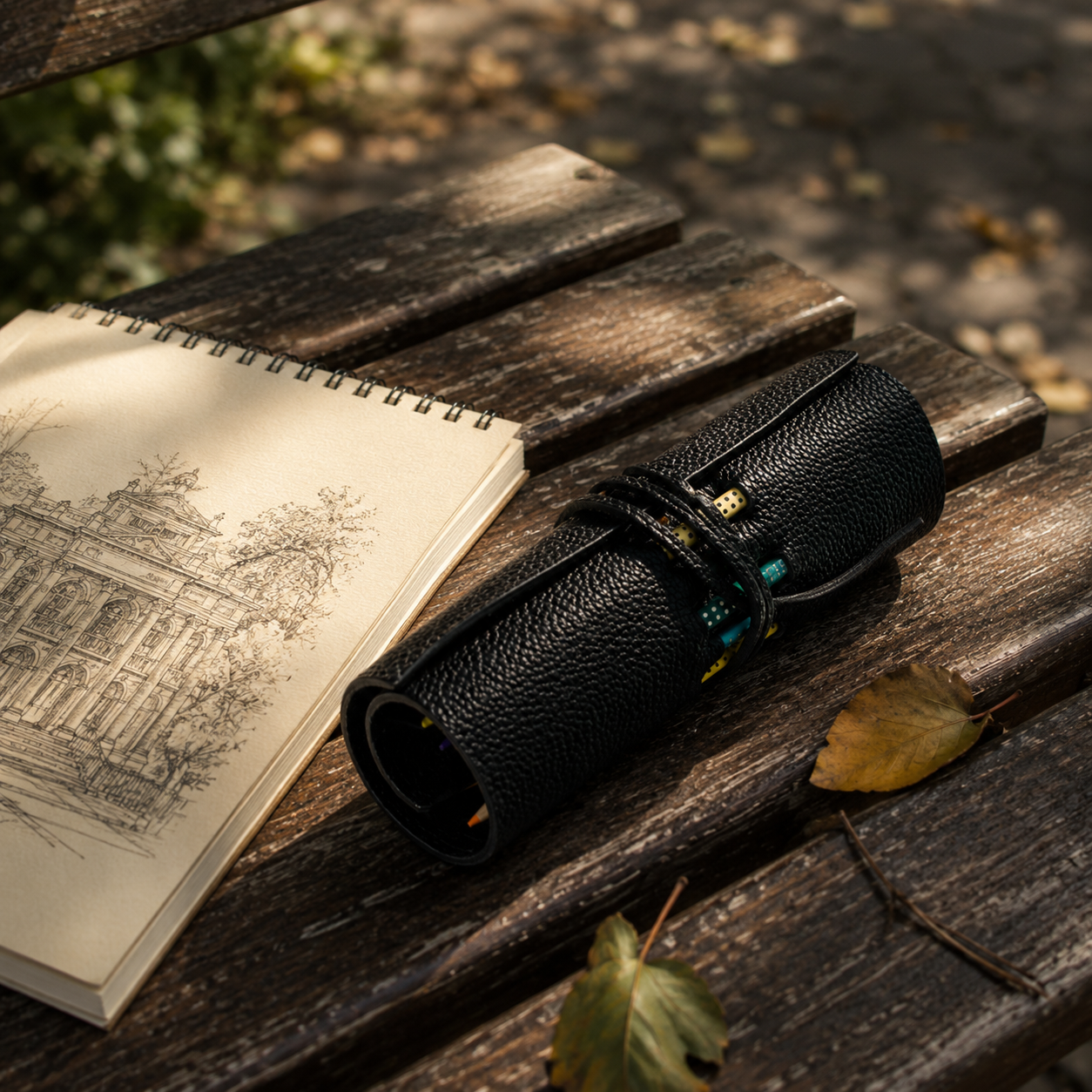 Handmade black leather pencil case resting on a rustic wooden bench beside a sketchbook outdoors.