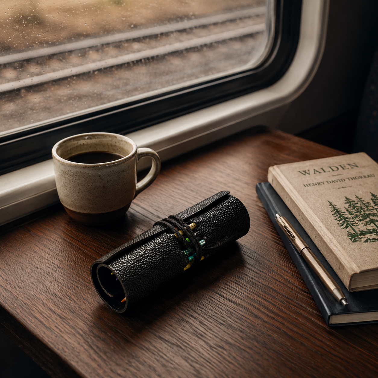 Handmade black leather pencil case placed beside coffee and a notebook on a train table during travel.