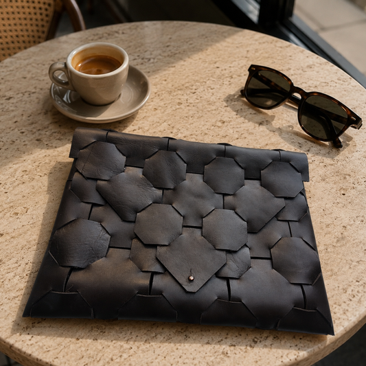Black woven leather clutch displayed on a stone café table with coffee and sunglasses in a luxury lifestyle setting.