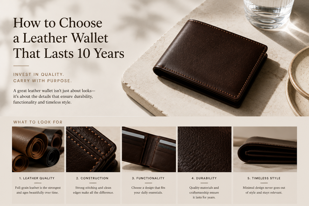 A promotional graphic for selecting a durable leather wallet. The top half shows a dark brown leather bifold wallet on a light stone surface with text reading 'How to Choose a Leather Wallet That Lasts 10 Years.