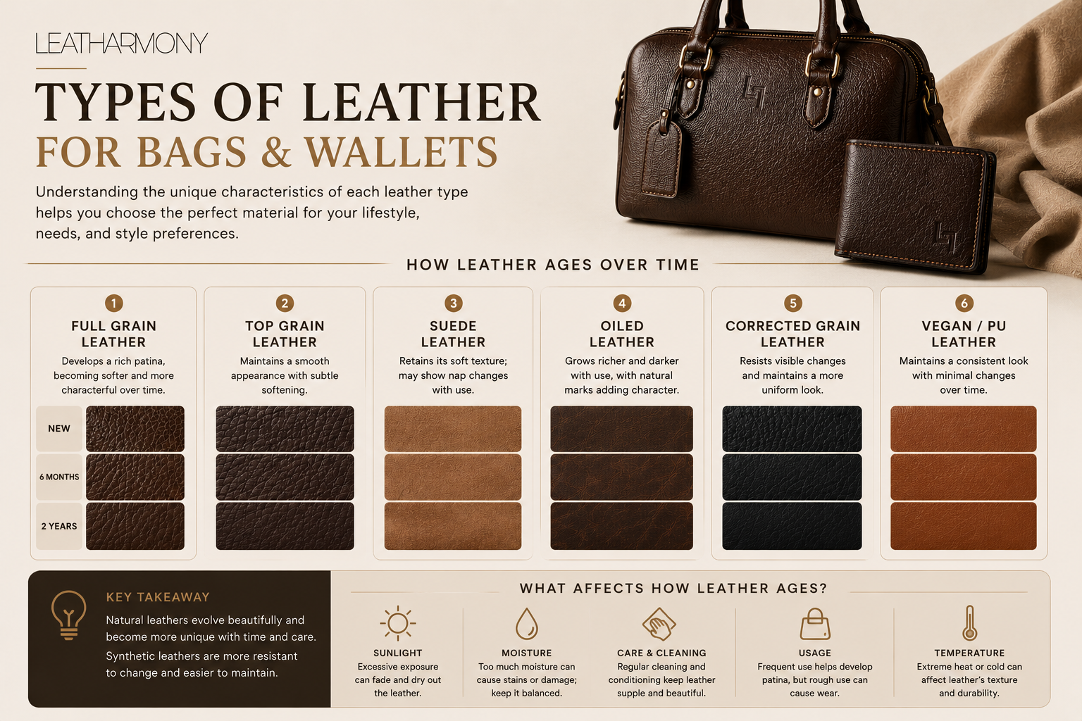 An educational infographic titled 'TYPES OF LEATHER FOR BAGS AND WALLETS' by Leathermony, featuring a brown leather handbag in the top right corner. The graphic displays six different leather types (Full Grain, Top Grain, Veneer, Guide, Oiled, and Corrected Grain, along with Vegan/PU Leather) with corresponding color and texture swatches, explaining how each type ages over time.
