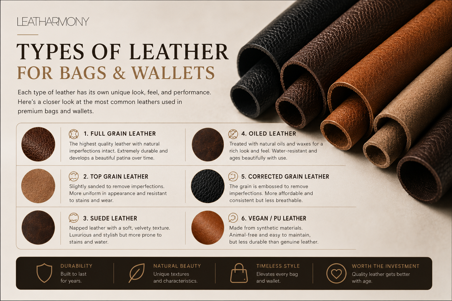 An infographic titled 'TYPES OF LEATHER FOR BAGS & WALLETS' by LEATHERHARMONY, showing several rolled and textured leather samples in different colors and finishes, with descriptive text blocks for full grain, oiled, corrected grain, suede, and vegan leather.