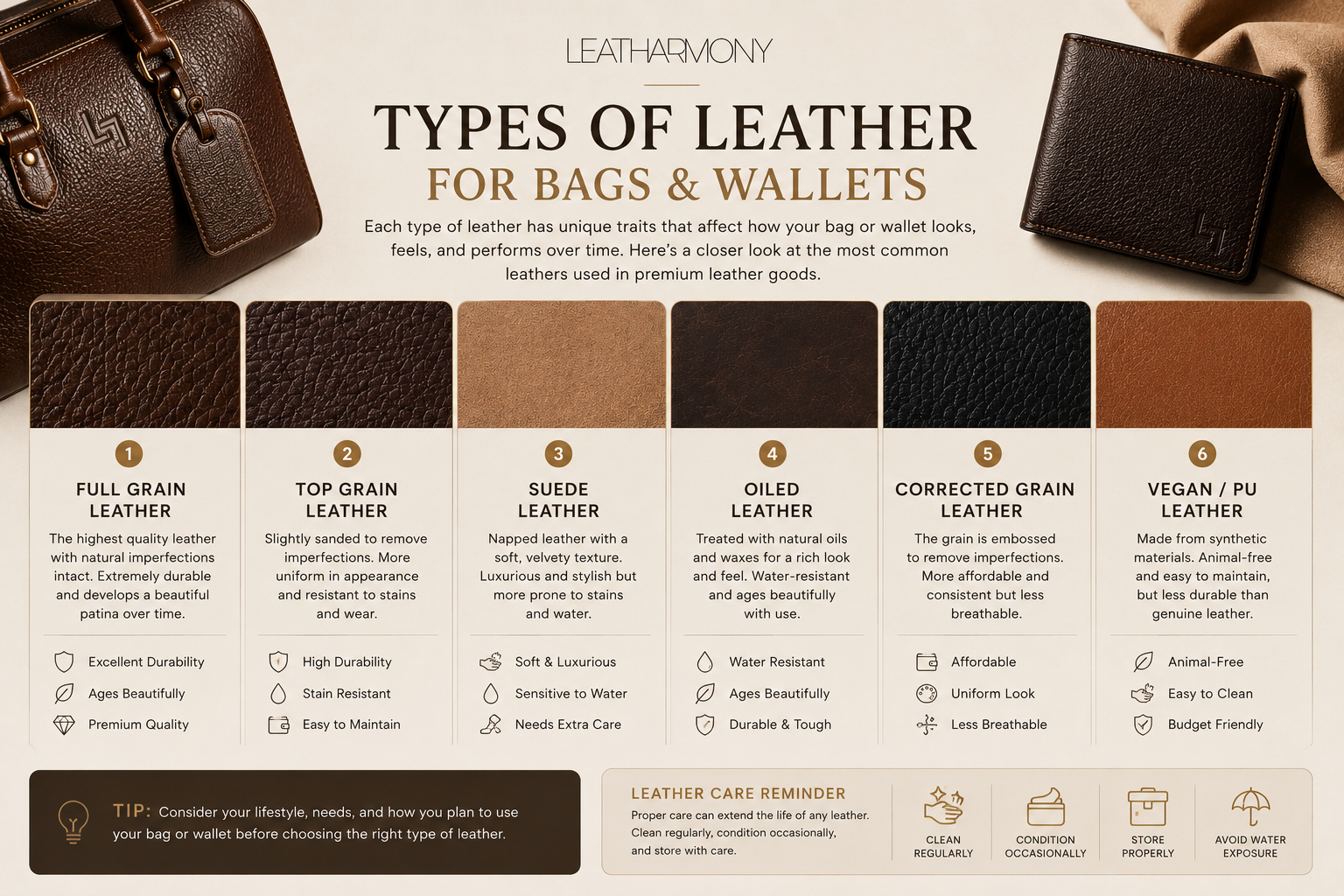 An informational infographic titled 'Leatherharmy Types of Leather for Bags & Wallets' showing six leather types (Full Grain, Top Grain, Suede, Oiled, Corrected Grain, Vegan) with color swatches, definitions, and comparison features.