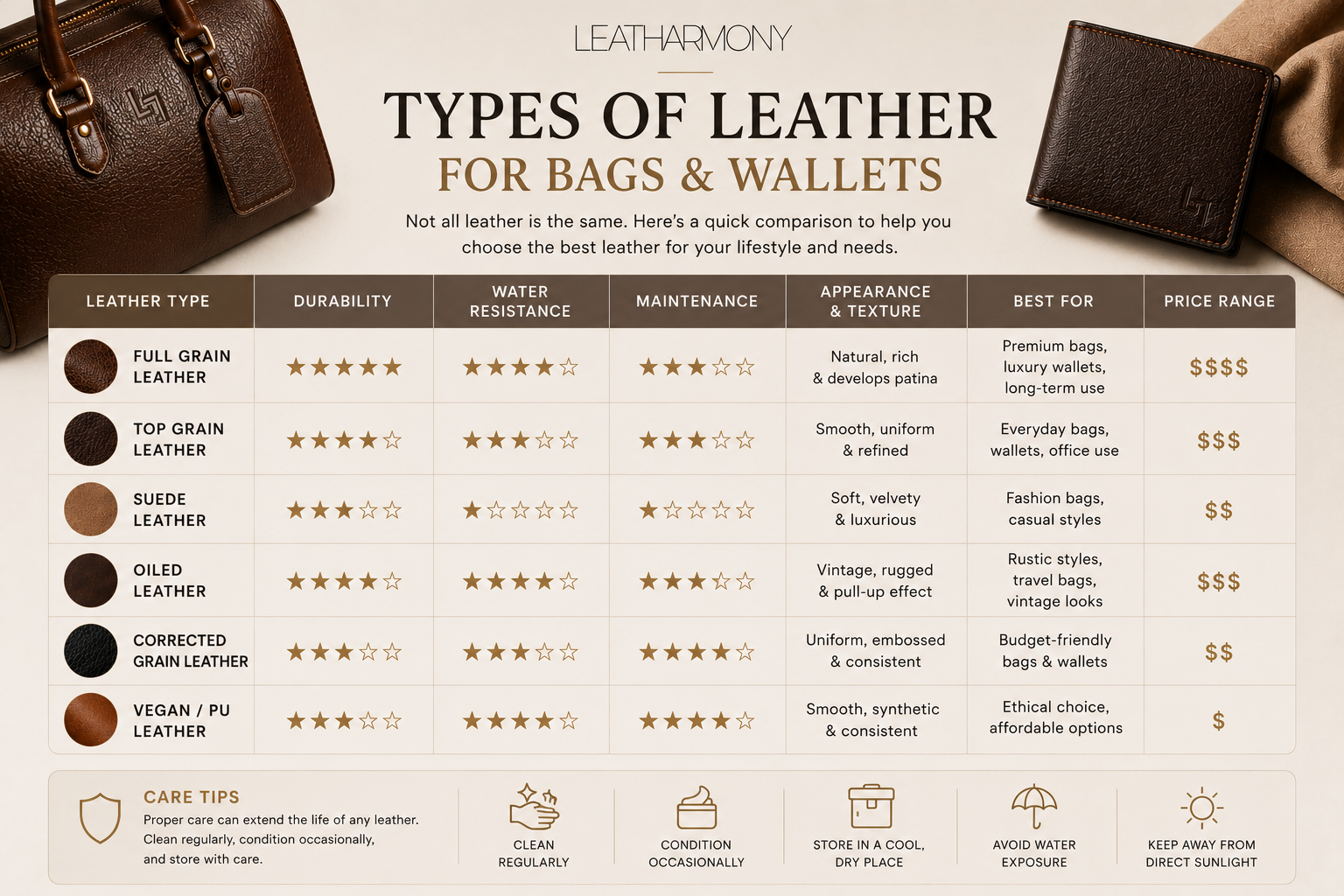 An infographic titled 'TYPES OF LEATHER FOR BAGS & WALLETS' by Leatherharness, comparing six leather types: Full Grain, Top Grain, Suede, Oiled, Corrected Grain, and Vegan / PU Leather. The graphic features a comparison table with ratings, care tips, and shows two brown leather wallet mockups on the top corners against a beige background.
