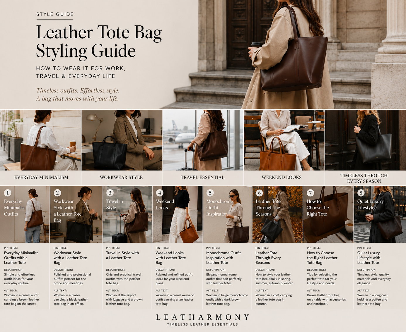 A styled guide infographic for 'Leather Tote Bag Styling Guide' by Leath Harmony, featuring various women wearing leather tote bags in different settings, categorized under styles like Everyday Minimalism, Workwear Style, Travel Essential, Weekend Looks, and Timeless Through It All. The guide includes text descriptions and color swatches of the leather tote bags.