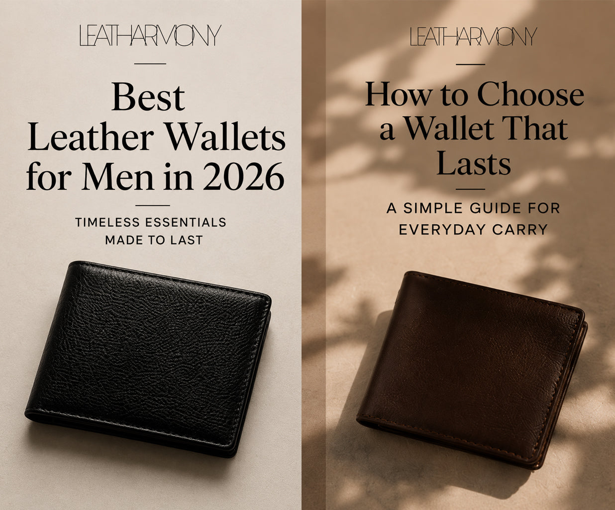 A split promotional graphic for LEATHARMONY leather wallets, with two wallets shown side by side: a black textured wallet on a light beige background on the left, and a dark brown wallet on a warm beige background with leaf shadows on the right. Large text reads 'Best Leather Wallets for Men in 2026' and 'How to Choose a Wallet That Lasts.
