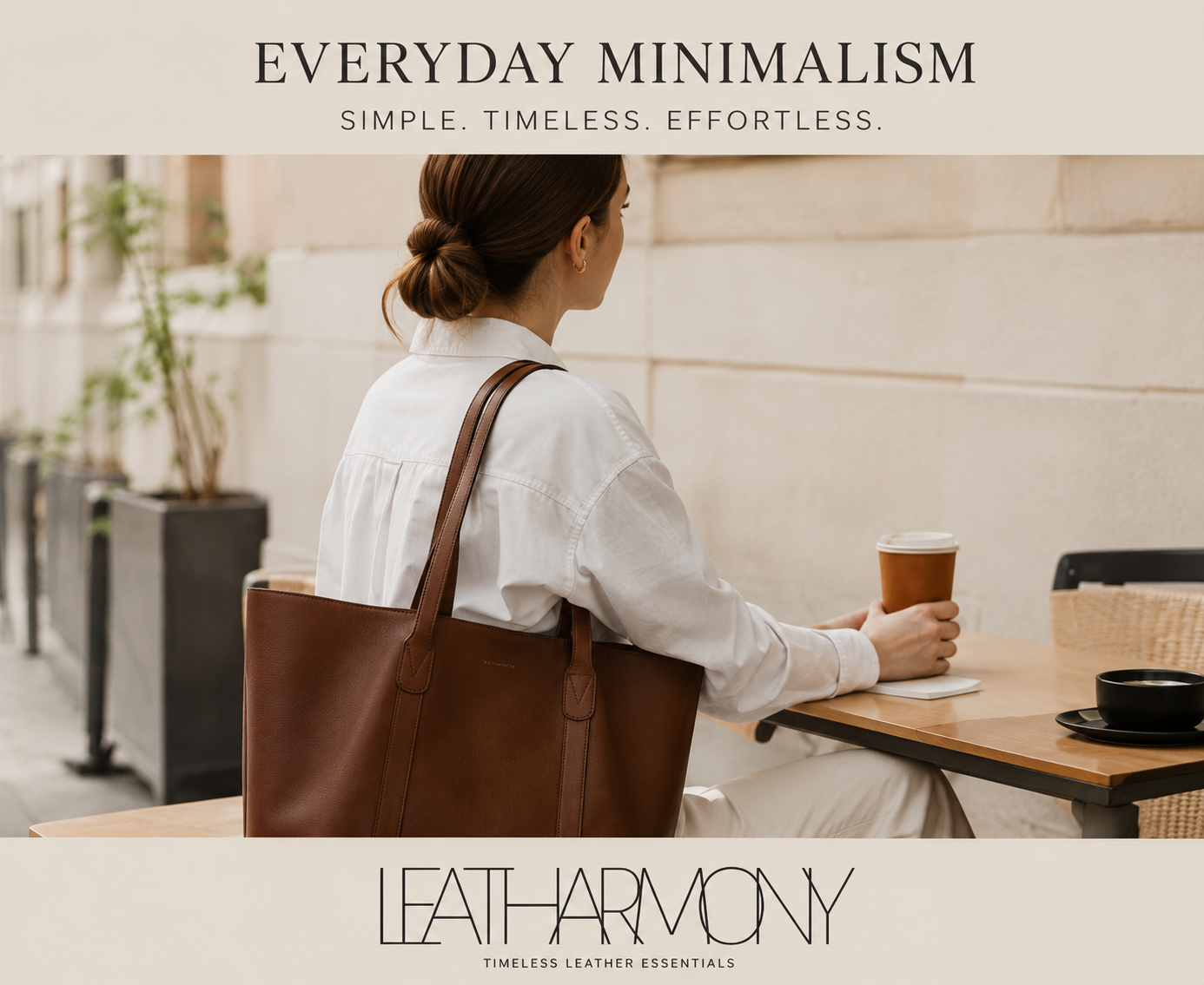 A woman seated at an outdoor cafe table viewed from behind, wearing a white blouse and carrying a large brown leather tote bag. The scene includes overlaid text reading 'EVERYDAY MINIMALISM' at the top and 'LEATHARMONY' at the bottom.