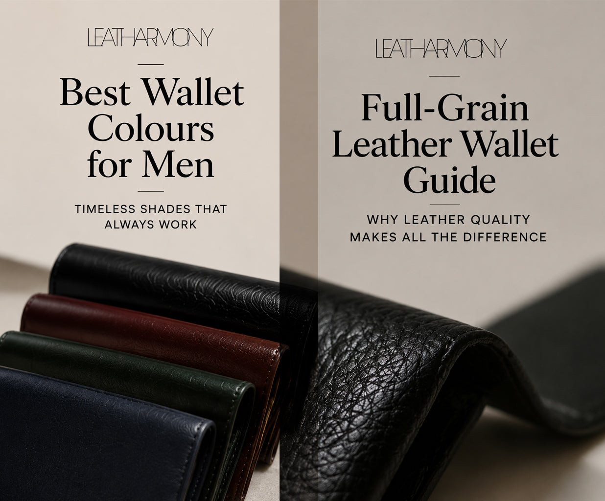 A split promotional graphic for LEATHARMONY featuring text overlays reading 'Best Wallet Colours for Men' and 'Full-Grain Leather Guide,' with several wallet edges visible in black, navy, brown, burgundy, and green, plus a close-up of a black pebbled leather wallet.