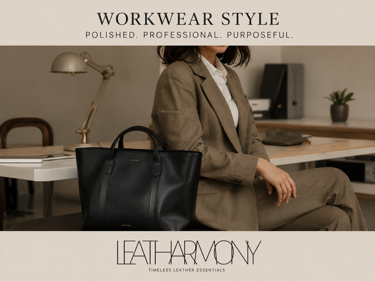 A black leather tote bag sits on a desk next to a seated woman wearing a tailored taupe blazer and trousers, with office furniture and a lamp in the background. Text at the top reads 'WORKWEAR STYLE' and the bottom reads 'LEATHARMONY'.