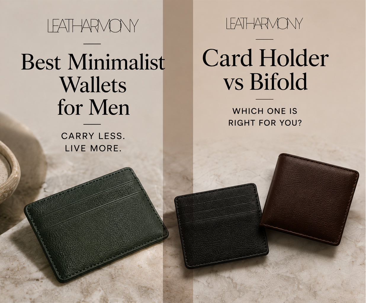 Promotional split graphic for LEATHARMONY minimalist card holders, showing two leather wallets on a light marble-like surface with text reading 'Best Minimalist Wallets for Men' and 'Card Holder vs Bifold'.