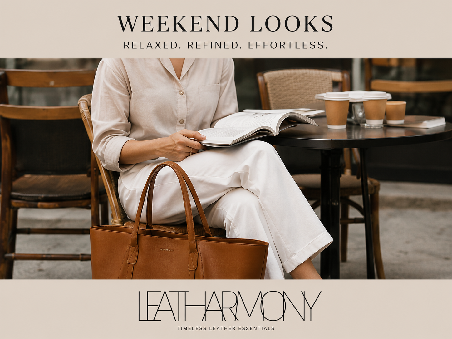 A woman seated at a cafe table reads an open book, with a tan leather tote bag placed beside her. The scene includes coffee cups on the table and overlaid text reading 'WEEKEND LOOKS' and 'LEATHARMONY'.