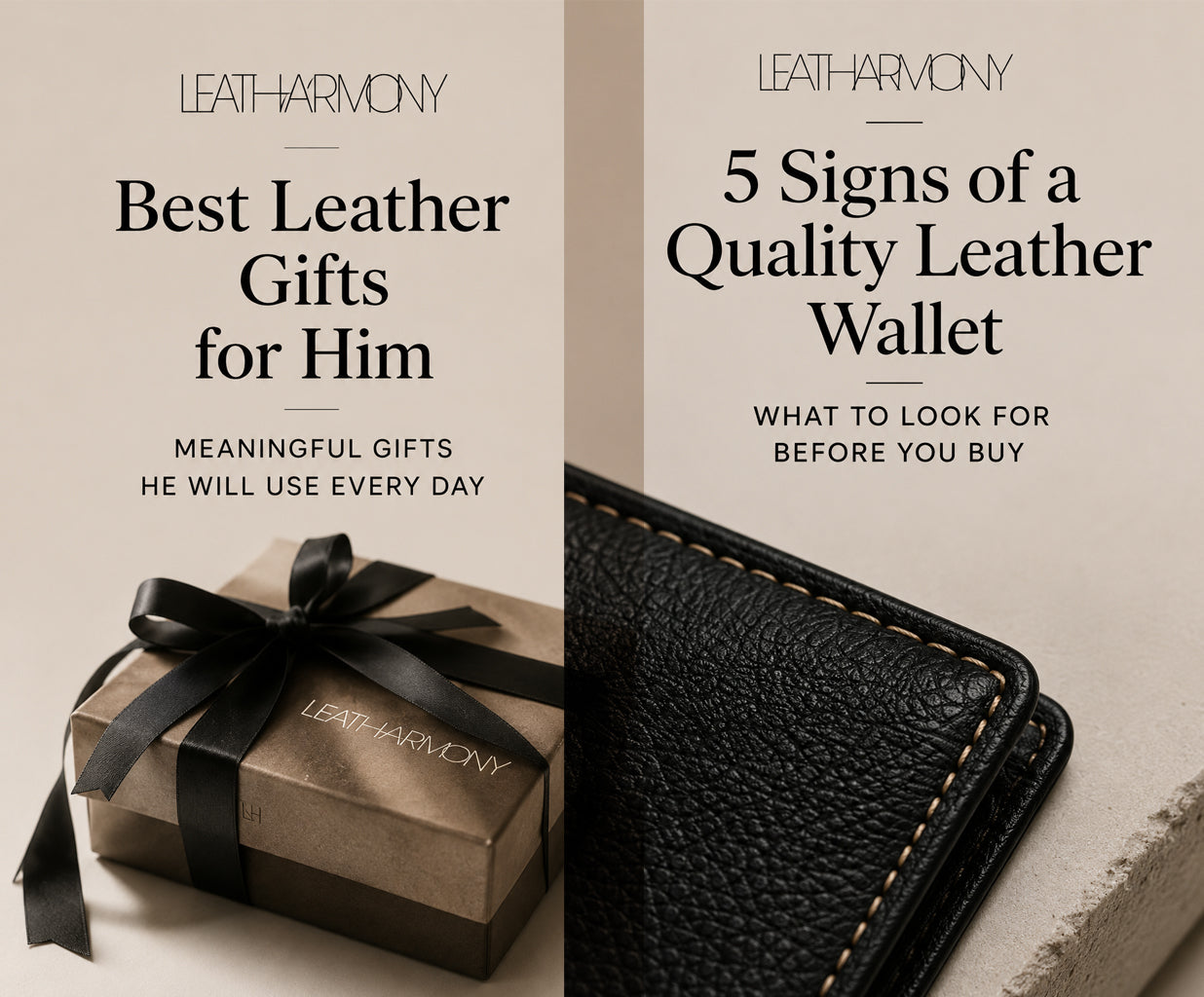 A split promotional graphic for LEATHARMONY, with text reading 'Best Leather Gifts for Him' on the left and '5 Signs of a Quality Leather Wallet' on the right. The left side shows a brown gift box tied with a black ribbon.