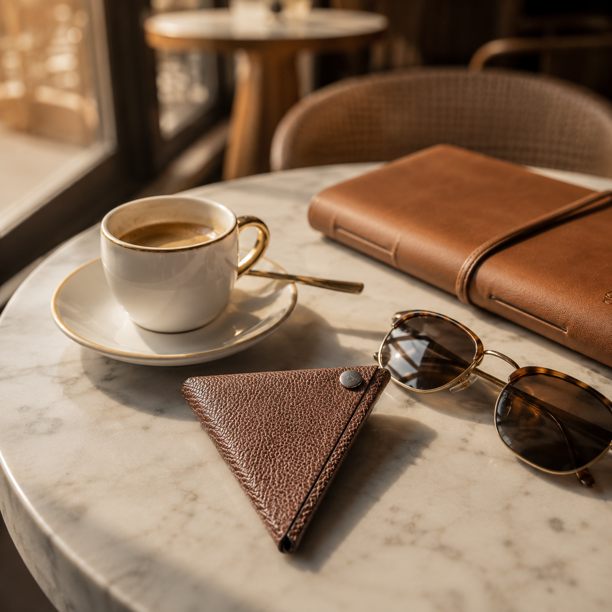 Handmade brown genuine leather coin pouch styled with sunglasses, coffee and a leather notebook on a marble café table.